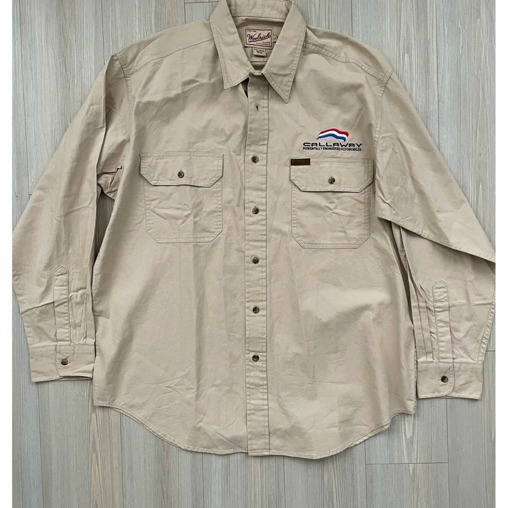 Woolrich Men's Beige Cotton Long Sleeve Button-Up Shirt Sz L Embroidered NWT
